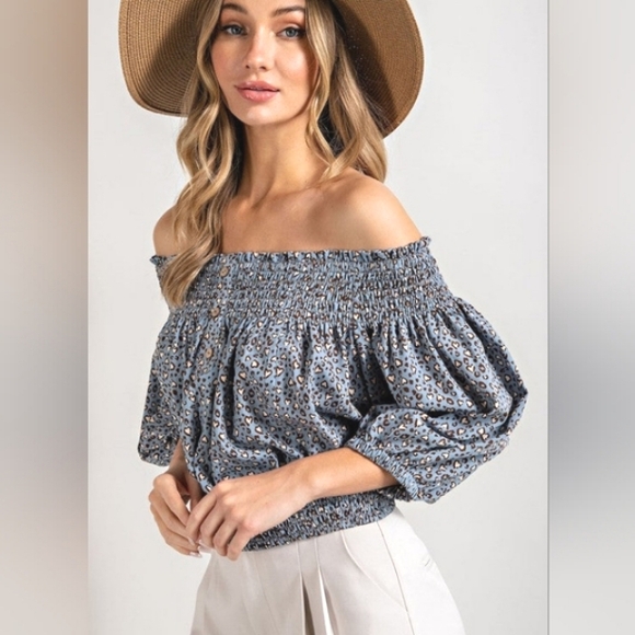 EE:SOME Smocked Leopard Heart Off Shoulder Puff Sleeve Top NWT - Picture 5 of 12